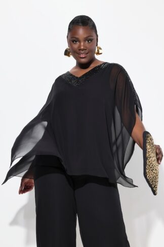 Ulla Popken Tunica dal taglio oversize con doppio strato, scollo a V e mezze maniche nero taglia 48/50 campionario indossato dalla modella