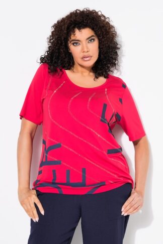 Ulla Popken Maglia dal taglio oversize con scritte glitterate, scollo a girocollo e mezze maniche rosso taglia 48/50 campionario indossato dalla modella
