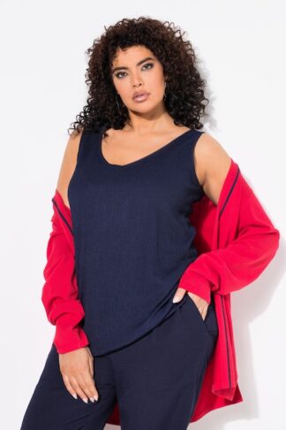 Ulla Popken Top classico e smanicato in jersey operato con scollo a V blu marine taglia 48/50 campionario indossato dalla modella