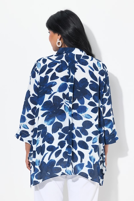 Ulla Popken Blusa con fiori, orlo a punte, collo da camicia e maniche a 3/4 blu taglia 48/50 campionario vista 3