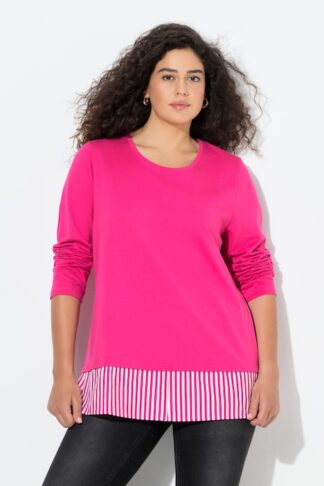 Ulla Popken Felpa con orlo effetto blusa, scollo a girocollo e maniche lunghe blu taglia 48/50 campionario indossato dalla modella