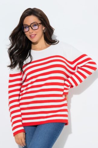 Ulla Popken Pullover con righe alla marinara, scollo a girocollo, maniche lunghe e orli arrotolati rosso taglia 48/50 campionario indossato dalla modella