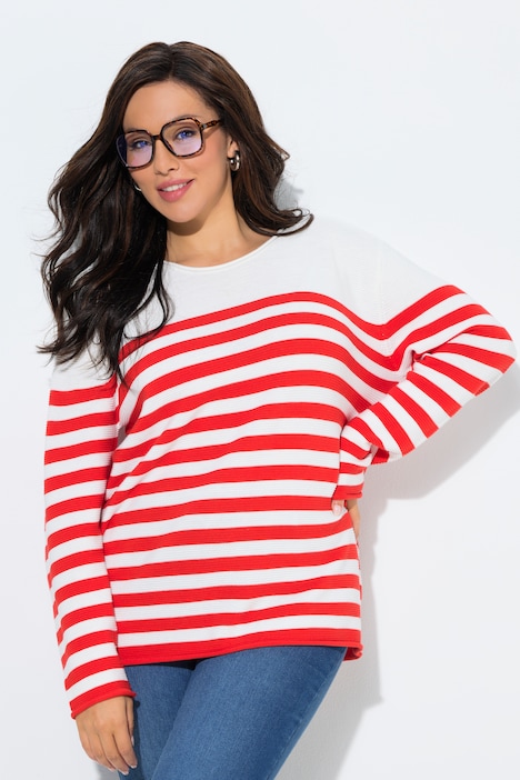 Ulla Popken Pullover con righe alla marinara, scollo a girocollo, maniche lunghe e orli arrotolati rosso taglia 48/50 campionario indossato dalla modella