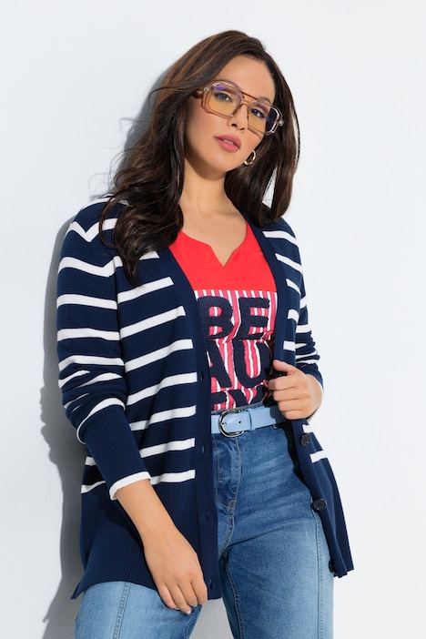 Ulla Popken Cardigan a righe con scollo a V e maniche lunghe fantasia taglia 48/50 campionario indossato dalla modella