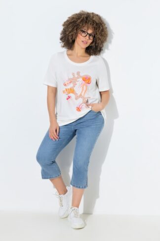 Ulla Popken Jeans Capri modello Sarah dal taglio aderente con effetto slavato e cintura comoda blu taglia 48/50 campionario indossato dalla modella