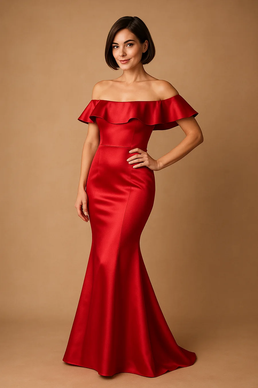 Abito lungo rosso Goddiva con scollo Bardot e linea a sirena