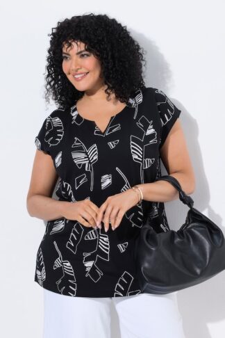Top, stampa Palme, boxy-fit, scollo tondo e a V, maniche ad aletta Ulla Popken 850242 Nero