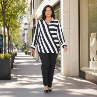 Blusa Ulla Popken bianca e nera a righe color block indossata in città