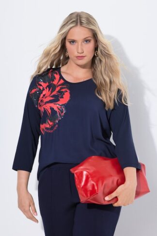 Maglia dal taglio oversize con fiori applicati scollo a girocollo e maniche a 3/4 Ulla Popken 843032130