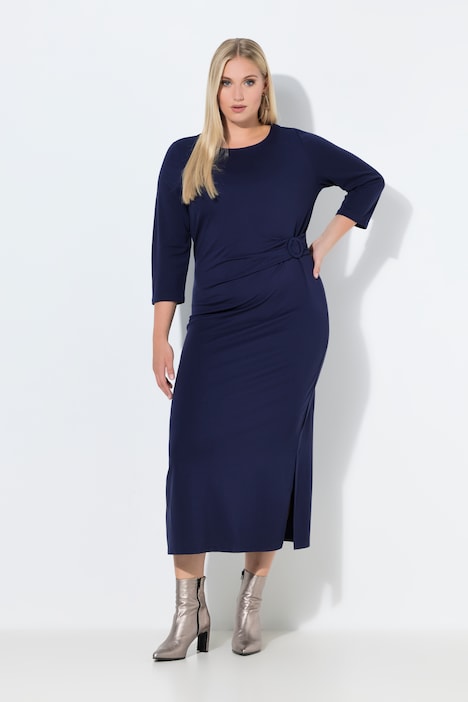 Ulla Popken Abito midi in jersey punto Roma con drappeggio blu notte - immagine 2