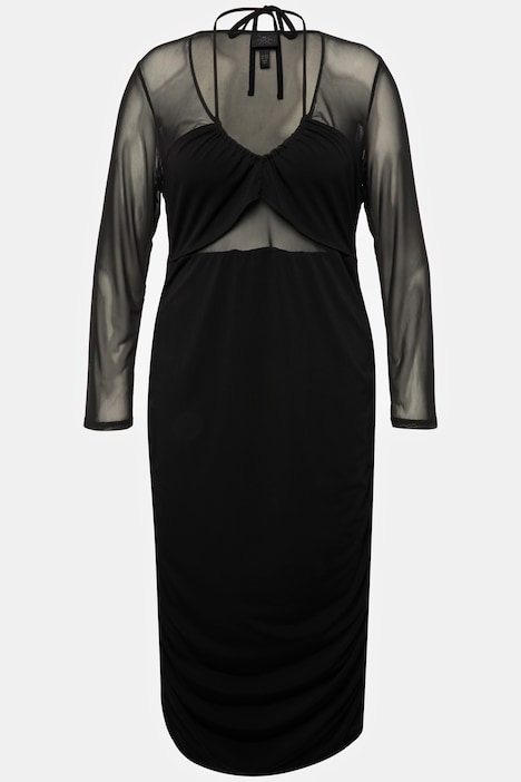 Ulla Popken Abito maxi nero aderente con scollo a V e inserto in mesh - immagine 2