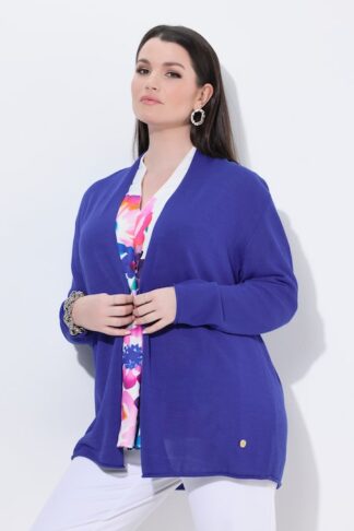 Cardigan svasato con orli arrotolati e maniche lunghe viola bluastro, indossato da modella