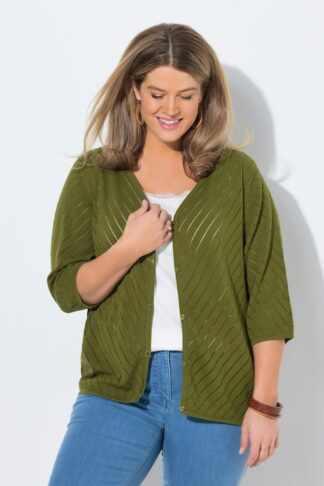 cardigan con motivo a righe diagonali e scollo a V verde kaki, indossato da modella