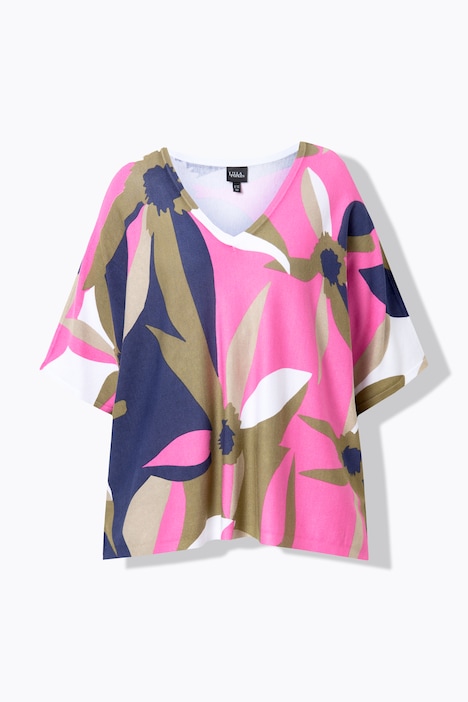 Pullover oversize Ulla Popken con stampa a grandi fiori rosa, blu e verde oliva