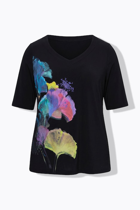 Ulla Popken T-shirt slinky con stampa Ginkgo multicolore su sfondo nero - immagine 2